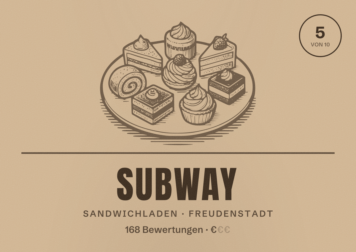 Illustriertes Poster von Subway, Sandwichladen in Freudenstadt: Bewertung 5 von 10 aus 168 Bewertungen, Preisniveau €