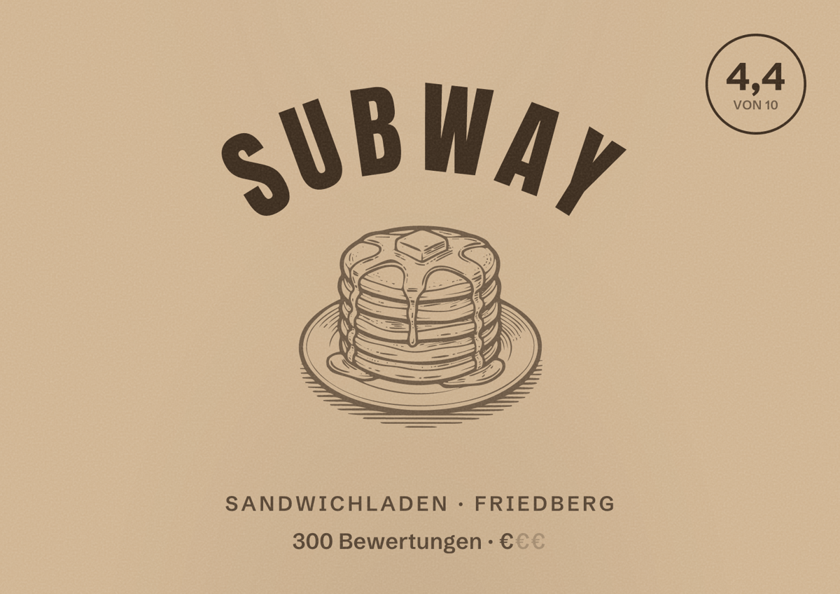 Illustriertes Poster von Subway, Sandwichladen in Friedberg: Bewertung 4,4 von 10 aus 300 Bewertungen, Preisniveau €