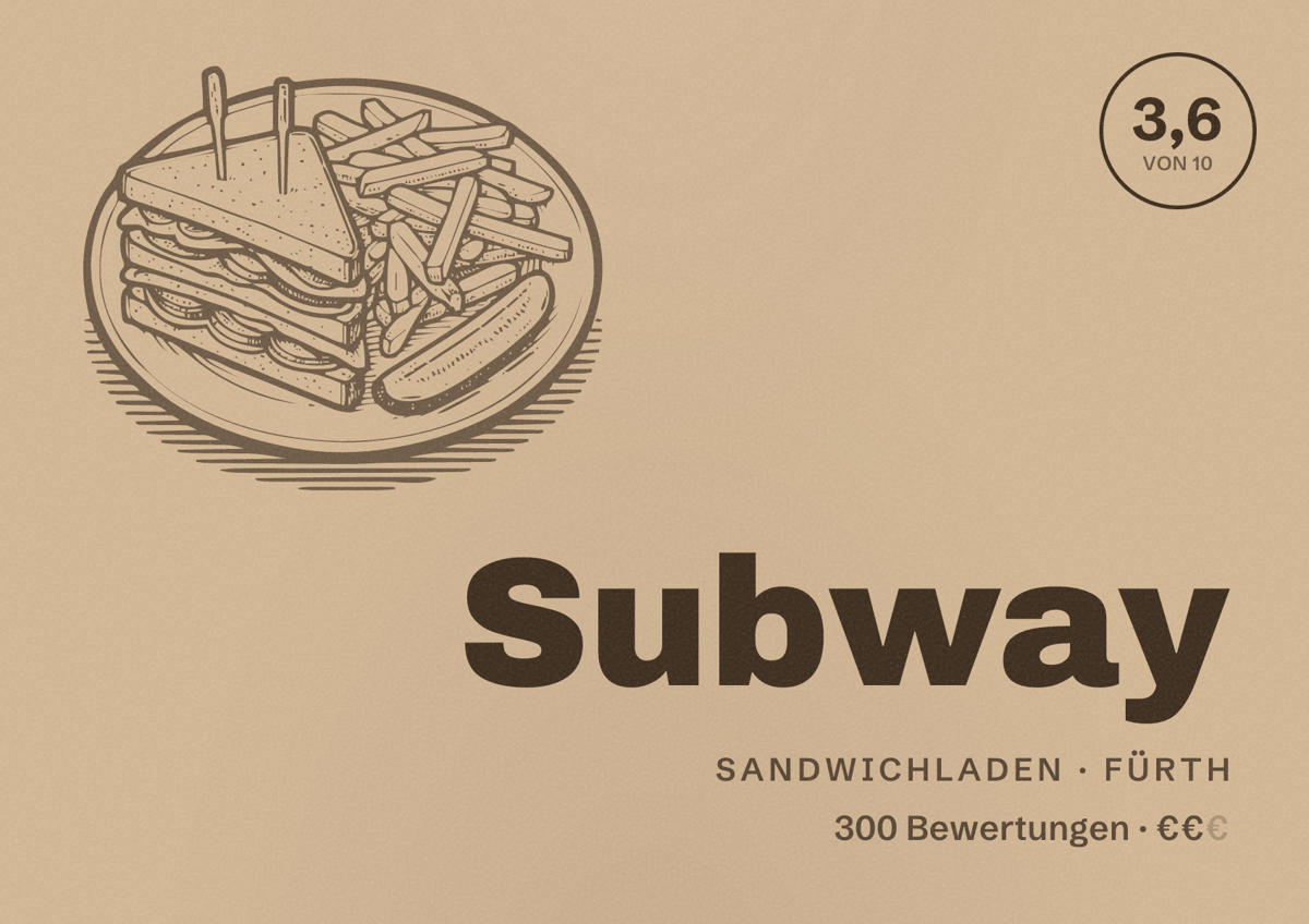 Illustriertes Poster von Subway, Sandwichladen in Fürth: Bewertung 3,6 von 10 aus 300 Bewertungen, Preisniveau €€