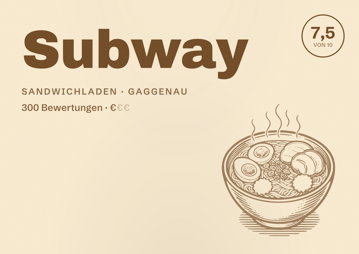 Illustriertes Poster von Subway, Sandwichladen in Gaggenau: Bewertung 7,5 von 10 aus 300 Bewertungen, Preisniveau €