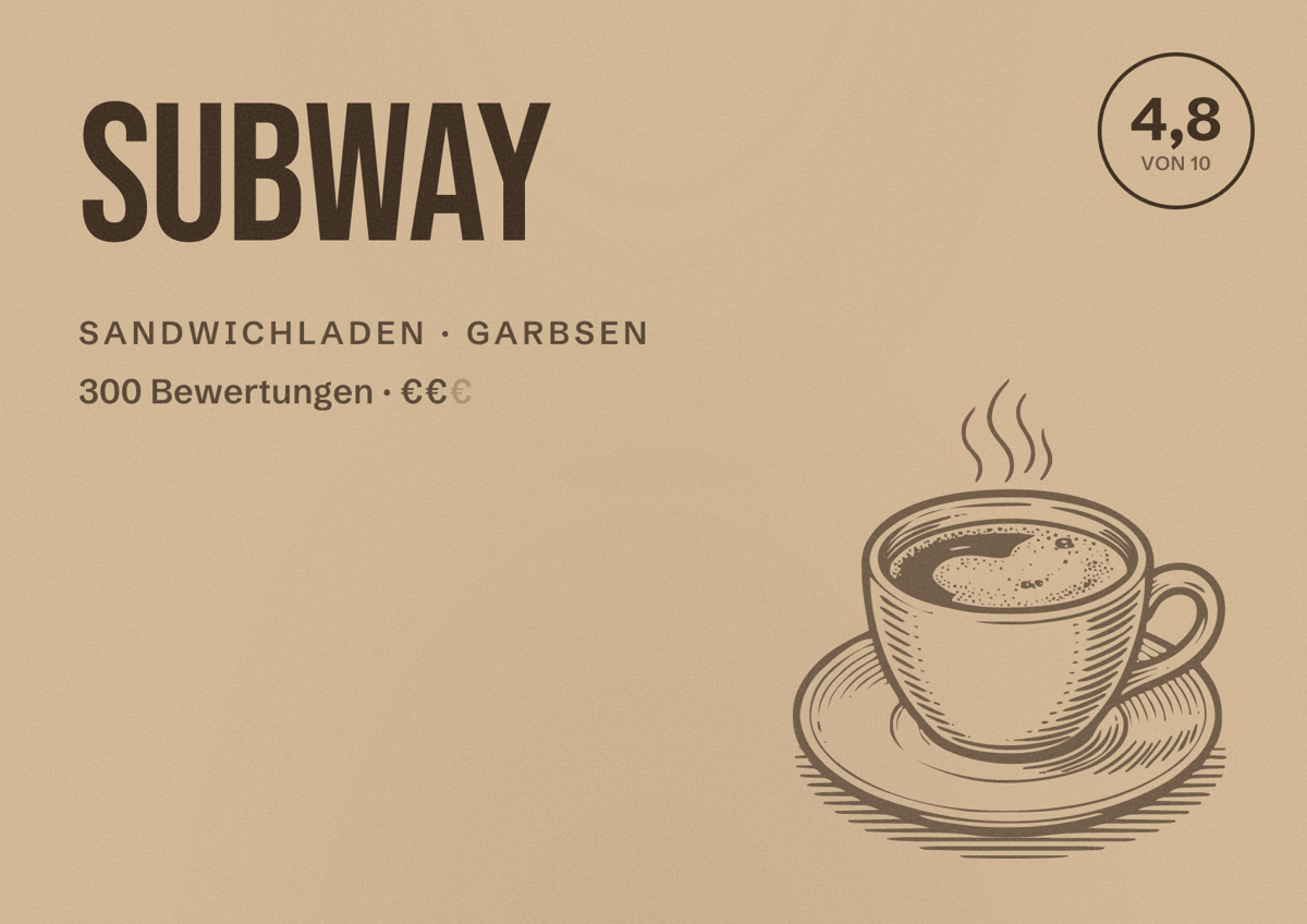 Illustriertes Poster von Subway, Sandwichladen in Garbsen: Bewertung 4,8 von 10 aus 300 Bewertungen, Preisniveau €€