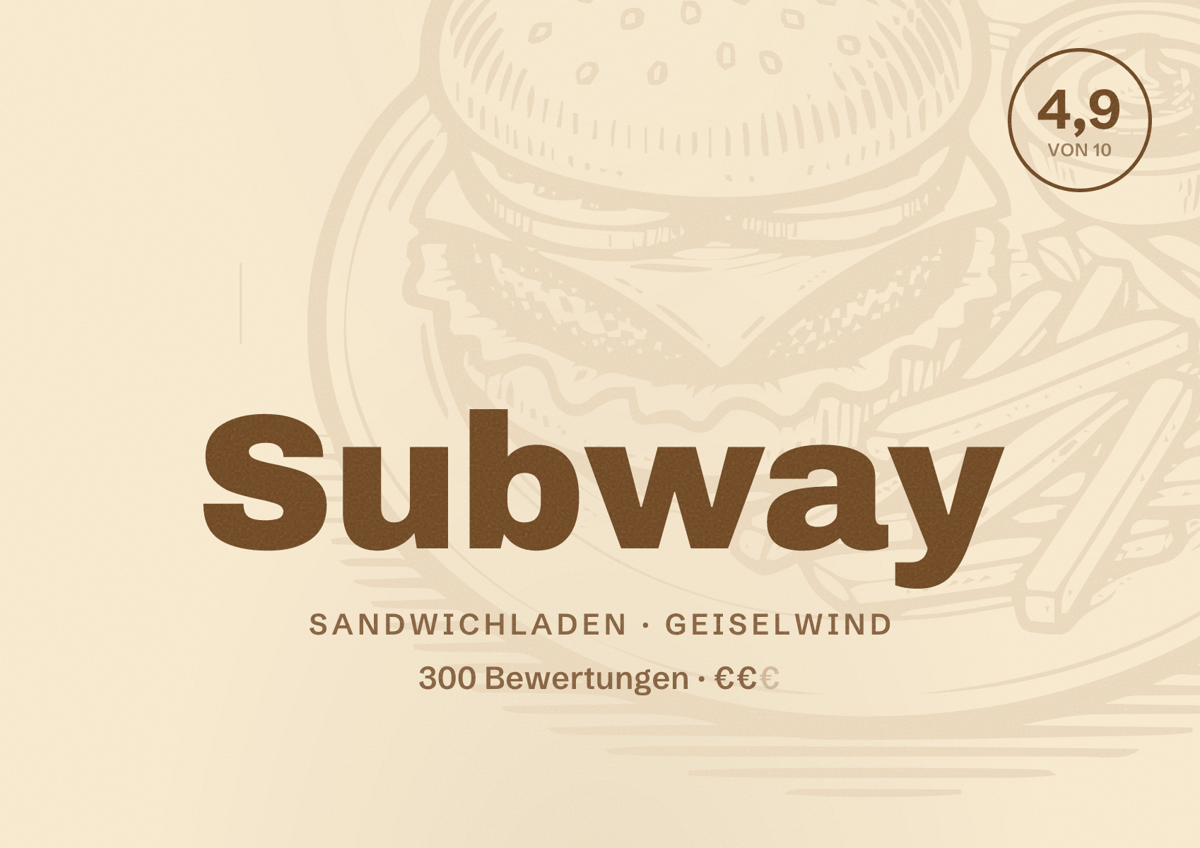 Illustriertes Poster von Subway, Sandwichladen in Geiselwind: Bewertung 4,9 von 10 aus 300 Bewertungen, Preisniveau €€