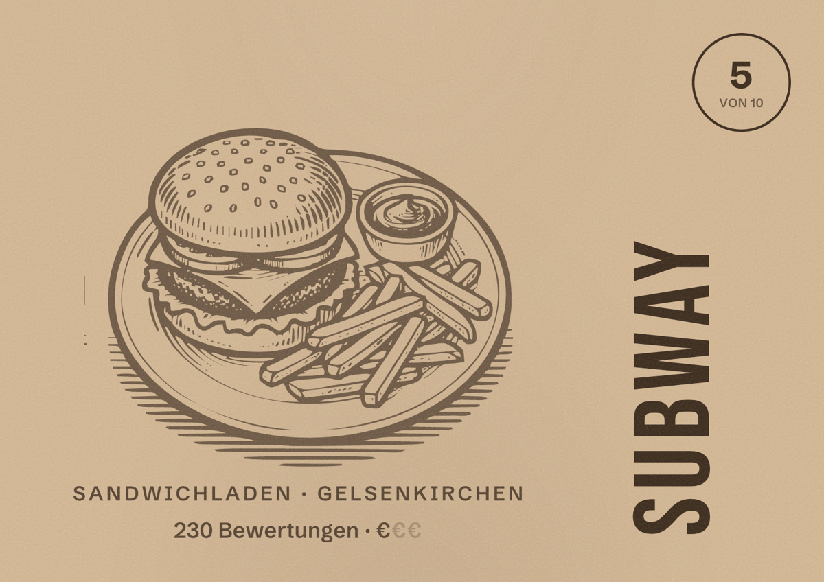 Illustriertes Poster von Subway, Sandwichladen in Gelsenkirchen: Gästebewertung 5 von 10 aus 230 Bewertungen