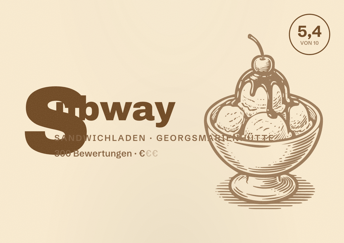 Illustriertes Poster von Subway, Sandwichladen in Georgsmarienhütte: Bewertung 5,4 von 10 aus 300 Bewertungen, Preisniveau €
