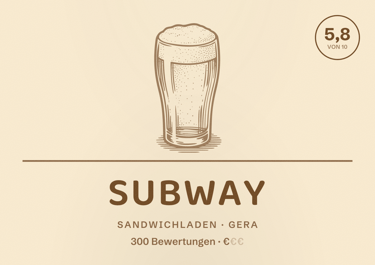 Illustriertes Poster von Subway, Sandwichladen in Gera: Bewertung 5,8 von 10 aus 300 Bewertungen, Preisniveau €