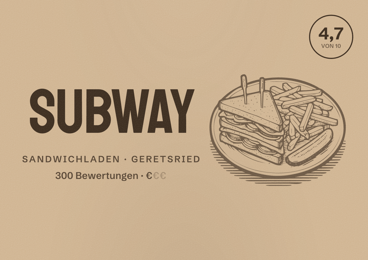 Illustriertes Poster von Subway, Sandwichladen in Geretsried: Bewertung 4,7 von 10 aus 300 Bewertungen, Preisniveau €