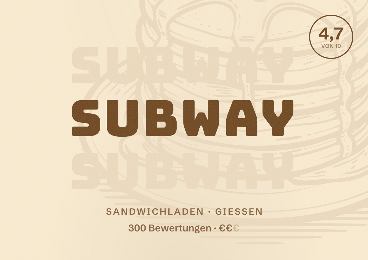 Illustriertes Poster von Subway, Sandwichladen in Gießen: Bewertung 4,7 von 10 aus 300 Bewertungen, Preisniveau €€