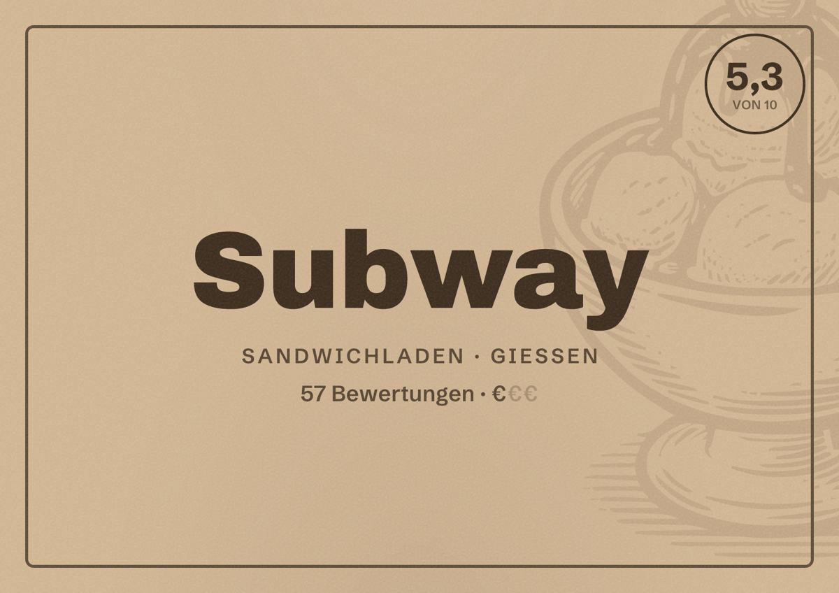 Illustriertes Poster von Subway, Sandwichladen in Gießen: Bewertung 5,3 von 10 aus 57 Bewertungen, Preisniveau €