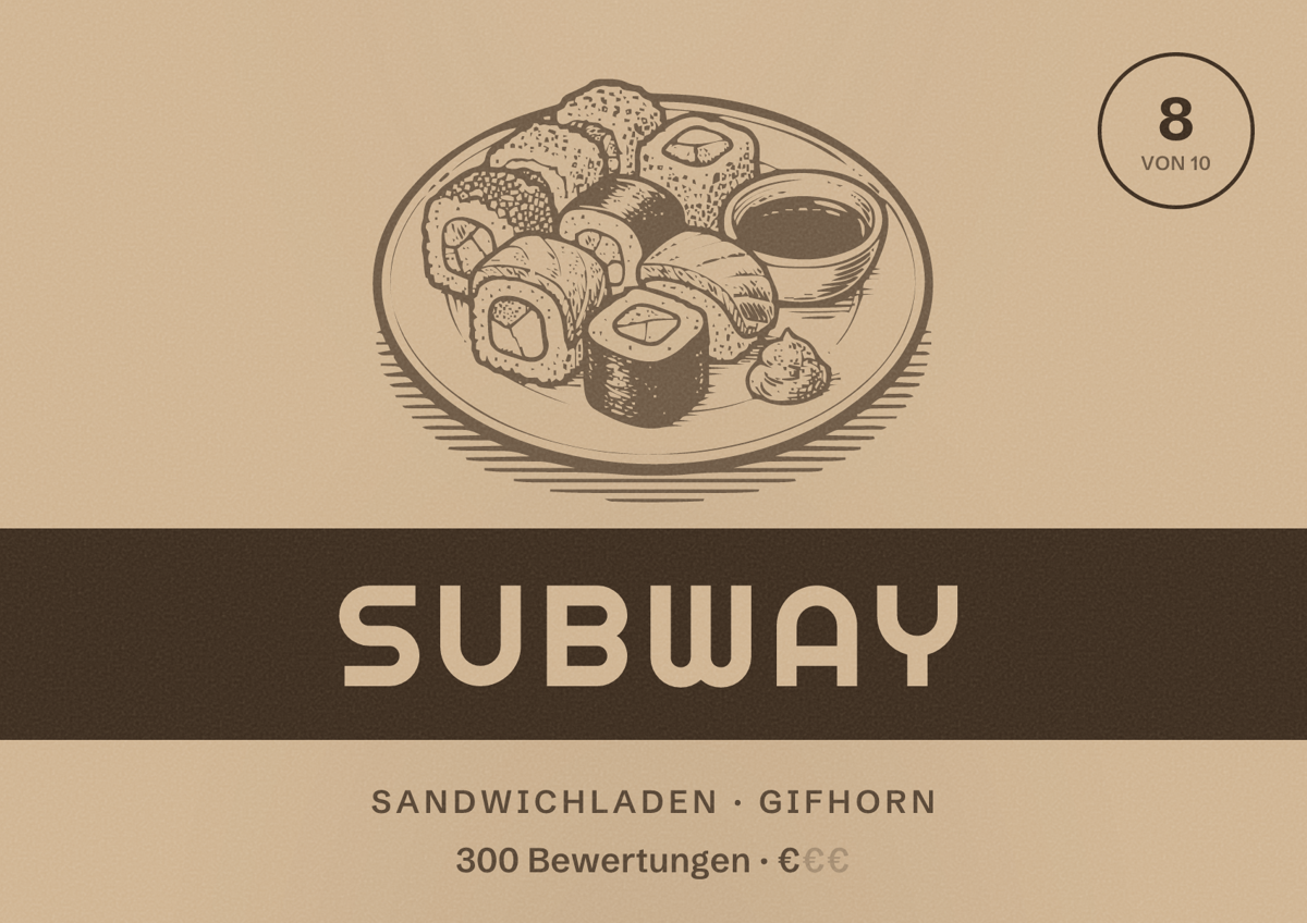 Illustriertes Poster von Subway, Sandwichladen in Gifhorn: Bewertung 8 von 10 aus 300 Bewertungen, Preisniveau €