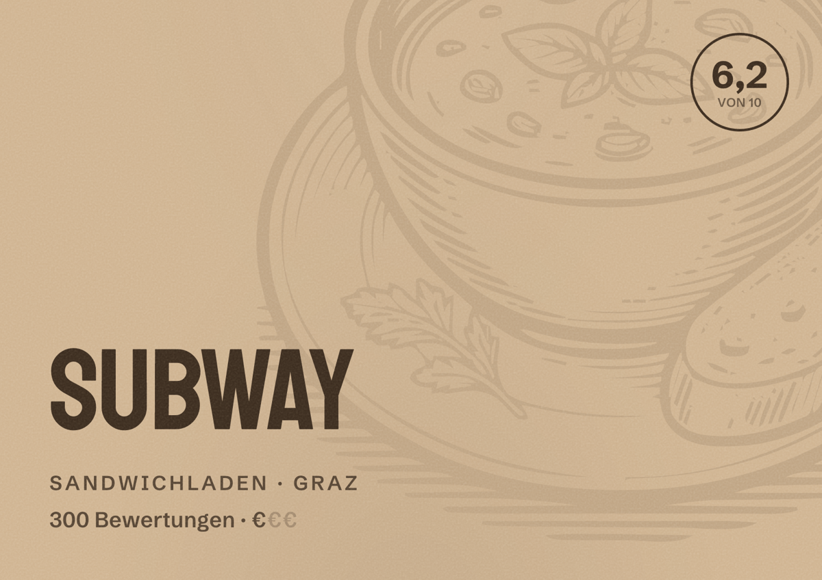 Illustriertes Poster von Subway, Sandwichladen in Graz: Bewertung 6,2 von 10 aus 300 Bewertungen, Preisniveau €