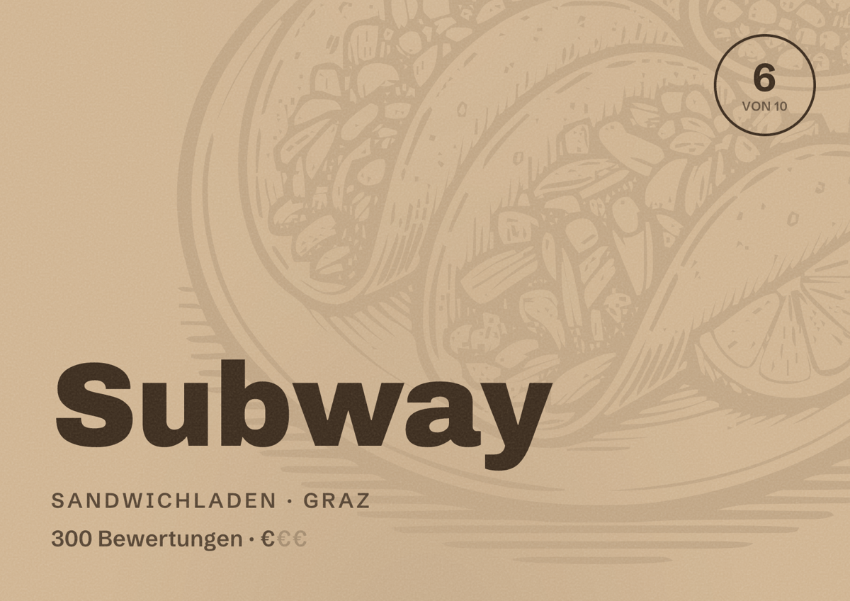 Illustriertes Poster von Subway, Sandwichladen in Graz: Bewertung 6 von 10 aus 300 Bewertungen, Preisniveau €