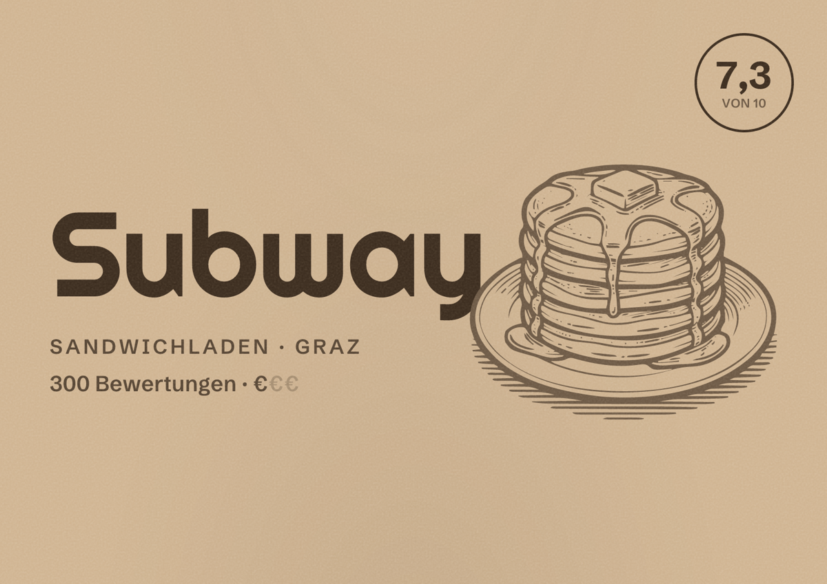 Illustriertes Poster von Subway, Sandwichladen in Graz: Bewertung 7,3 von 10 aus 300 Bewertungen, Preisniveau €