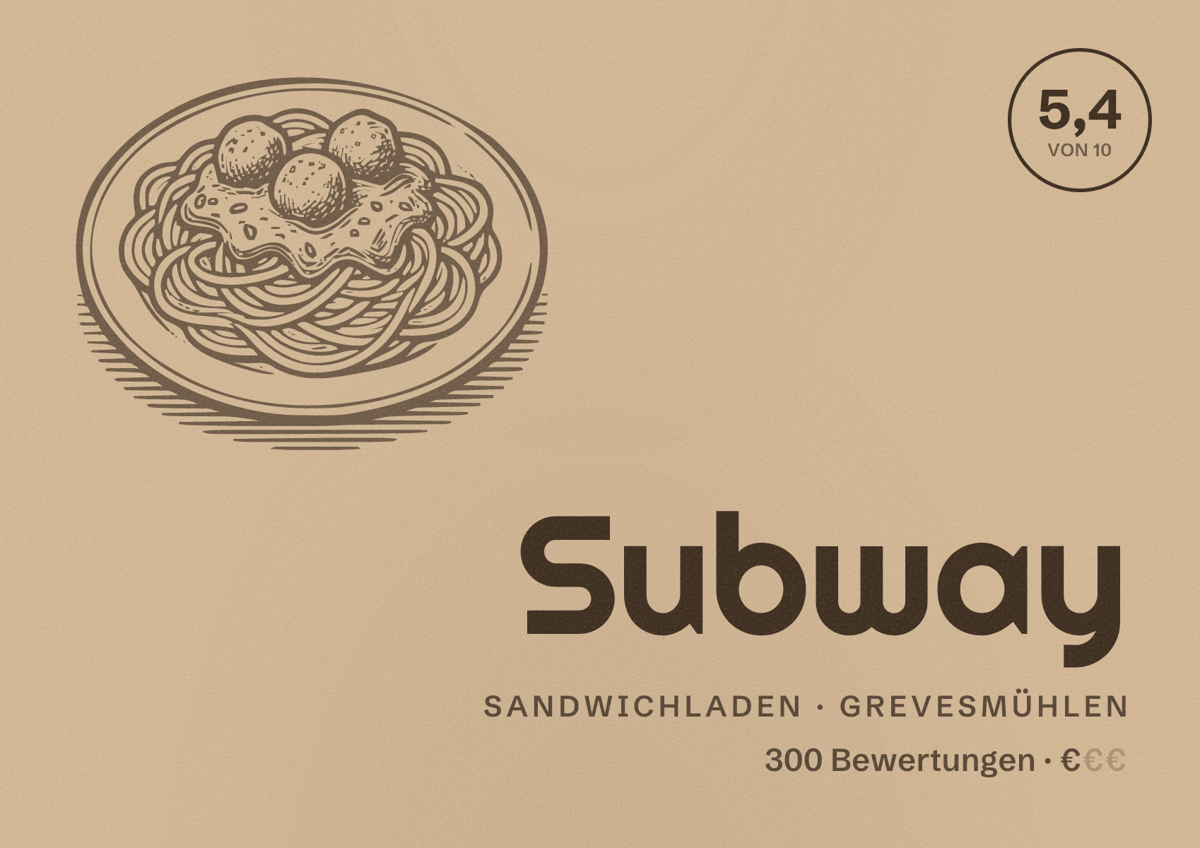 Illustriertes Poster von Subway, Sandwichladen in Grevesmühlen: Bewertung 5,4 von 10 aus 300 Bewertungen, Preisniveau €