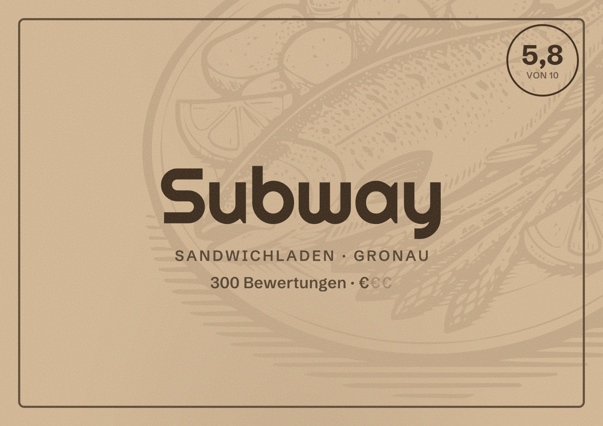 Illustriertes Poster von Subway, Sandwichladen in Gronau: Bewertung 5,8 von 10 aus 300 Bewertungen, Preisniveau €