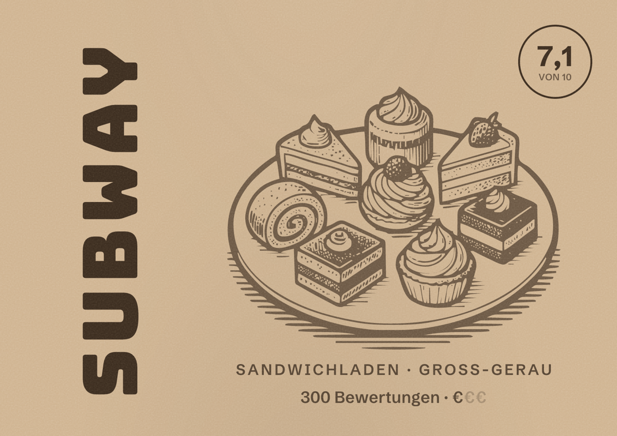Illustriertes Poster von Subway, Sandwichladen in Groß-Gerau: Bewertung 7,1 von 10 aus 300 Bewertungen, Preisniveau €
