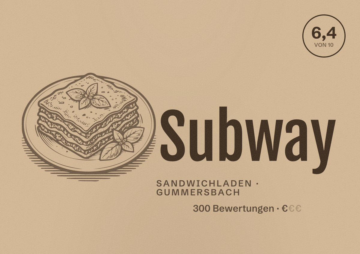 Illustriertes Poster von Subway, Sandwichladen in Gummersbach: Bewertung 6,4 von 10 aus 300 Bewertungen, Preisniveau €