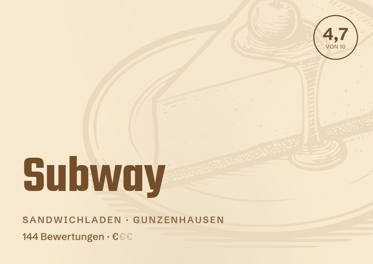 Illustriertes Poster von Subway, Sandwichladen in Gunzenhausen: Bewertung 4,7 von 10 aus 144 Bewertungen, Preisniveau €