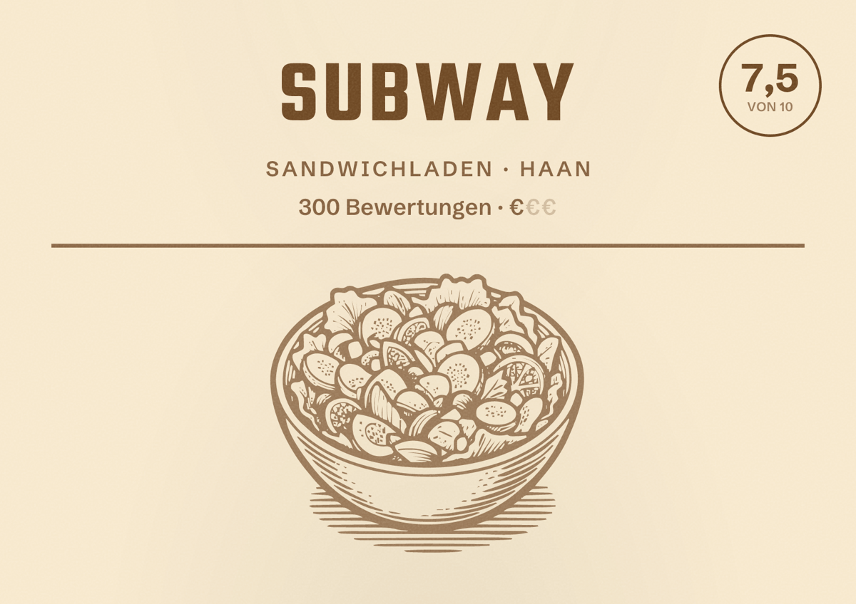 Illustriertes Poster von Subway, Sandwichladen in Haan: Bewertung 7,5 von 10 aus 300 Bewertungen, Preisniveau €