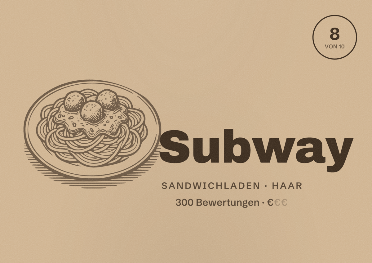Illustriertes Poster von Subway, Sandwichladen in Haar: Bewertung 8 von 10 aus 300 Bewertungen, Preisniveau €