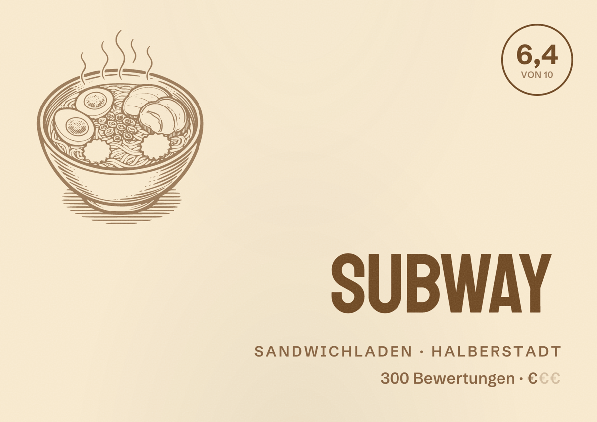 Illustriertes Poster von Subway, Sandwichladen in Halberstadt: Bewertung 6,4 von 10 aus 300 Bewertungen, Preisniveau €