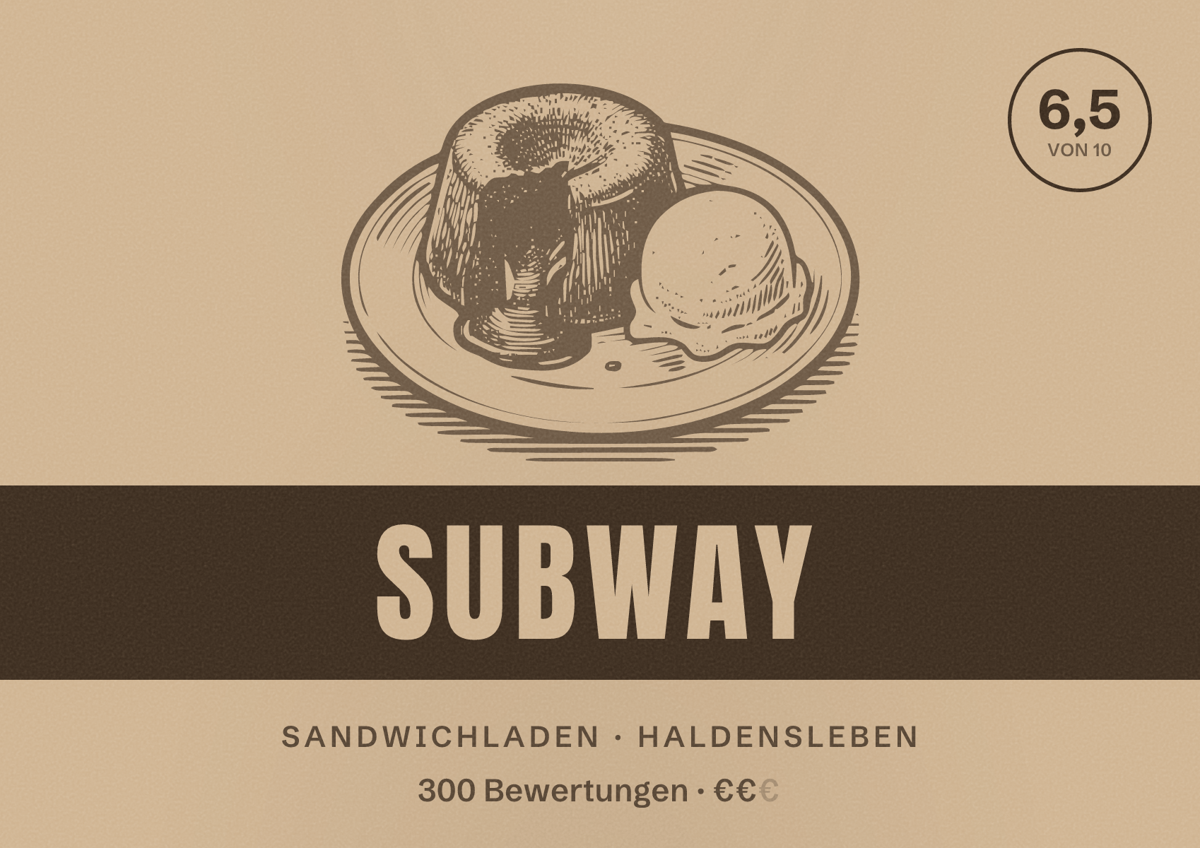 Illustriertes Poster von Subway, Sandwichladen in Haldensleben: Bewertung 6,5 von 10 aus 300 Bewertungen, Preisniveau €€
