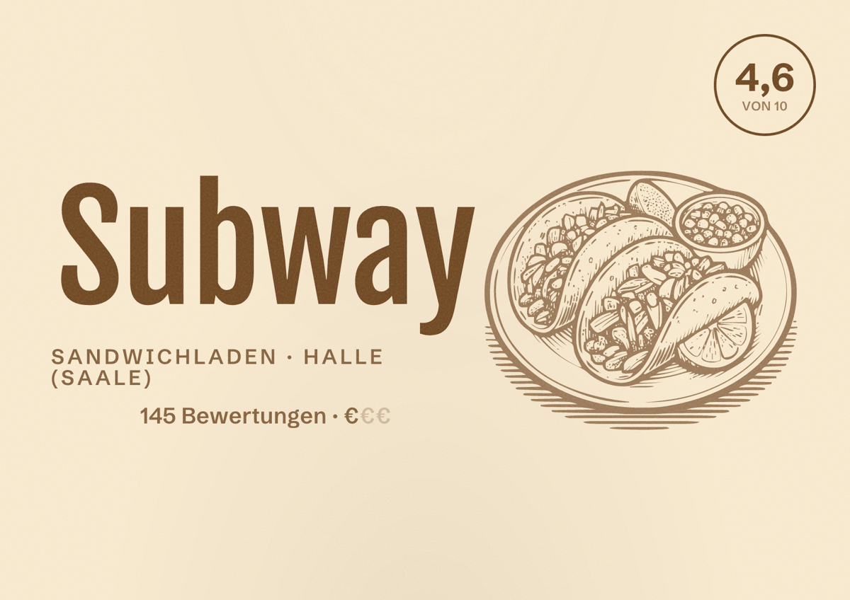 Illustriertes Poster von Subway, Sandwichladen in Halle (Saale): Bewertung 4,6 von 10 aus 145 Bewertungen, Preisniveau €