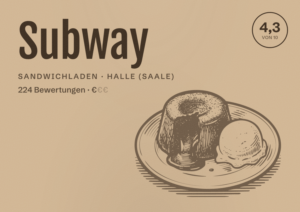 Illustriertes Poster von Subway, Sandwichladen in Halle (Saale): Bewertung 4,3 von 10 aus 224 Bewertungen, Preisniveau €