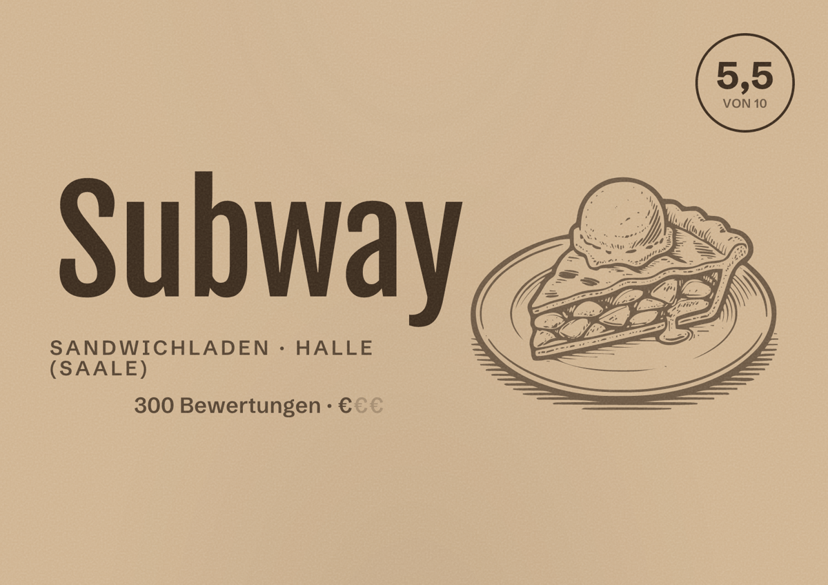 Illustriertes Poster von Subway, Sandwichladen in Halle (Saale): Bewertung 5,5 von 10 aus 300 Bewertungen, Preisniveau €