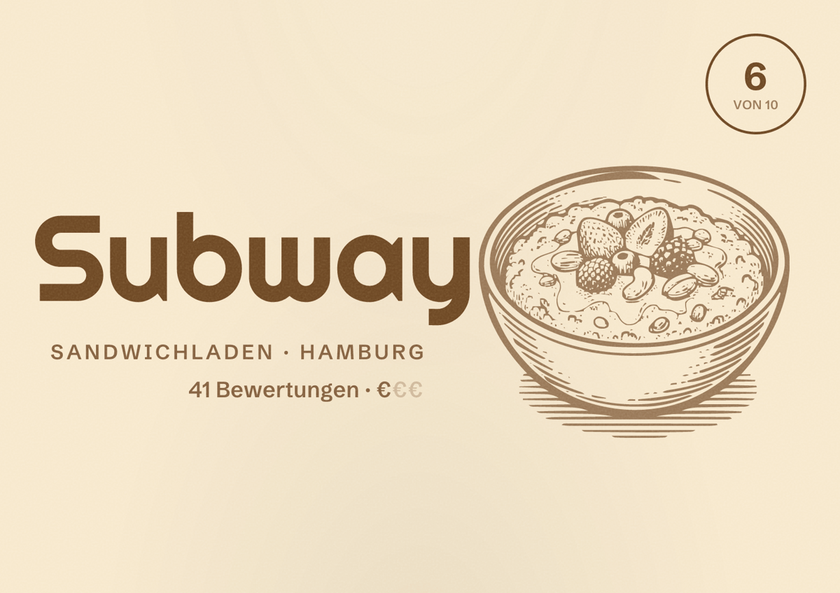 Illustriertes Poster von Subway, Sandwichladen in Hamburg: Bewertung 6,0 von 10 aus 41 Bewertungen, Preisniveau €