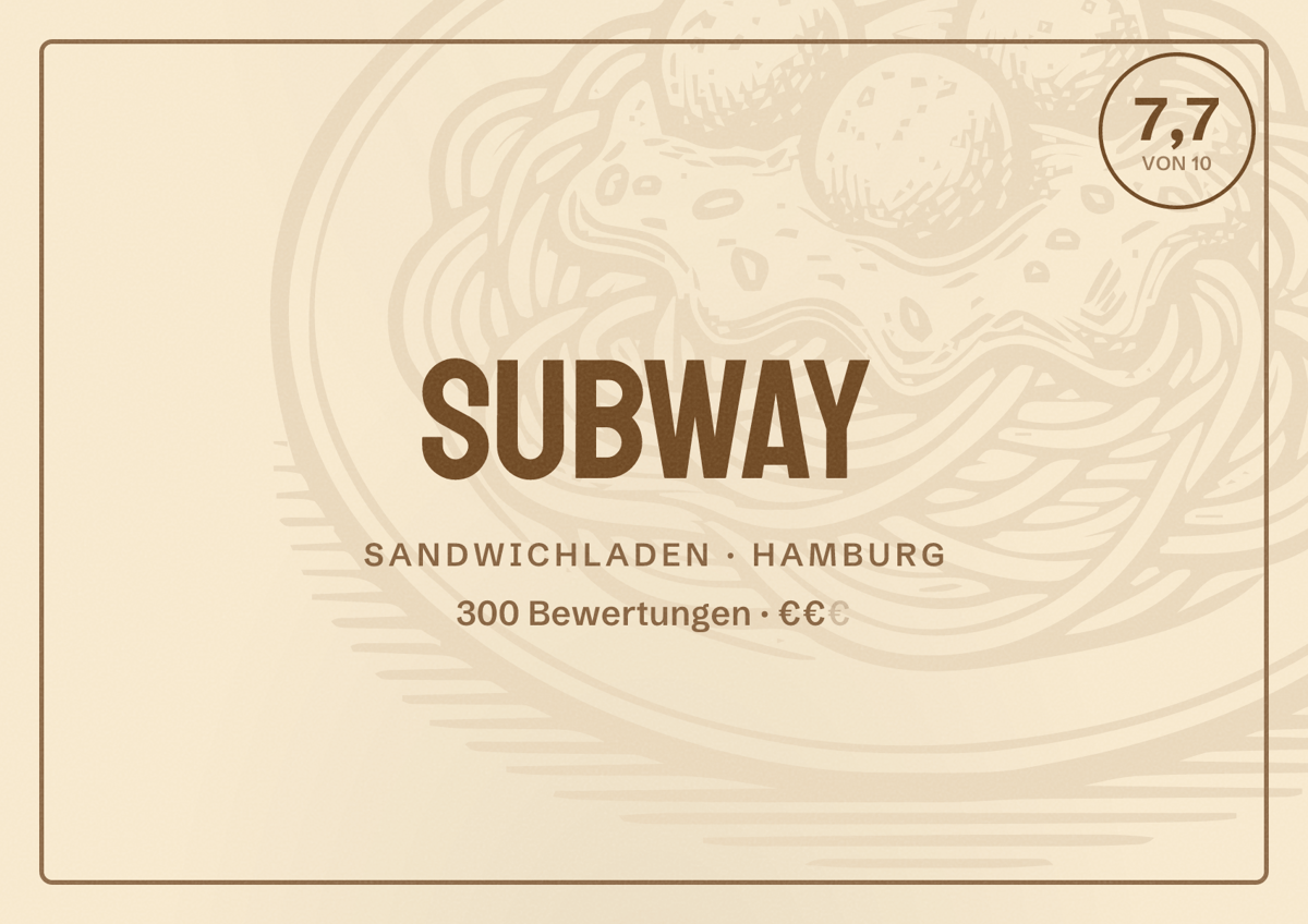 Illustriertes Poster von Subway, Sandwichladen in Hamburg: Bewertung 7,7 von 10 aus 300 Bewertungen, Preisniveau €€