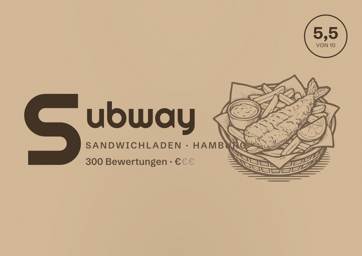 Illustriertes Poster von Subway, Sandwichladen in Hamburg: Bewertung 5,5 von 10 aus 300 Bewertungen, Preisniveau €
