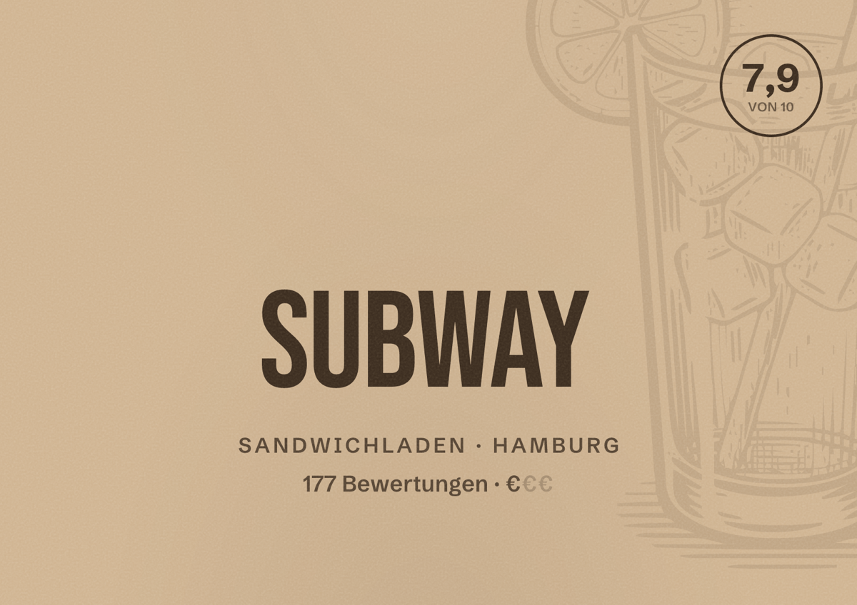 Illustriertes Poster von Subway, Sandwichladen in Hamburg: Bewertung 7,9 von 10 aus 177 Bewertungen, Preisniveau €