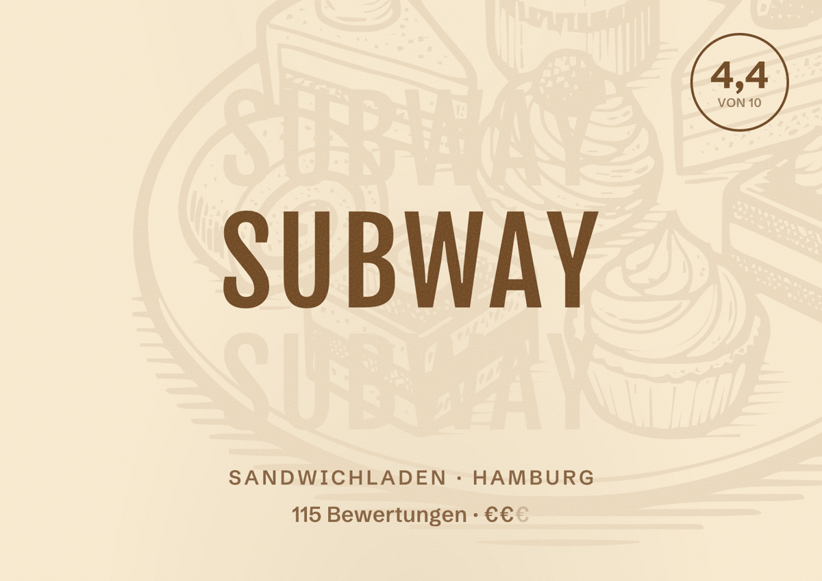 Illustriertes Poster von Subway, Sandwichladen in Hamburg: Bewertung 4,4 von 10 aus 115 Bewertungen, Preisniveau €€