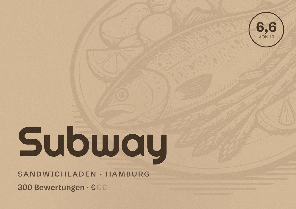 Illustriertes Poster von Subway, Sandwichladen in Hamburg: Bewertung 6,6 von 10 aus 300 Bewertungen, Preisniveau €