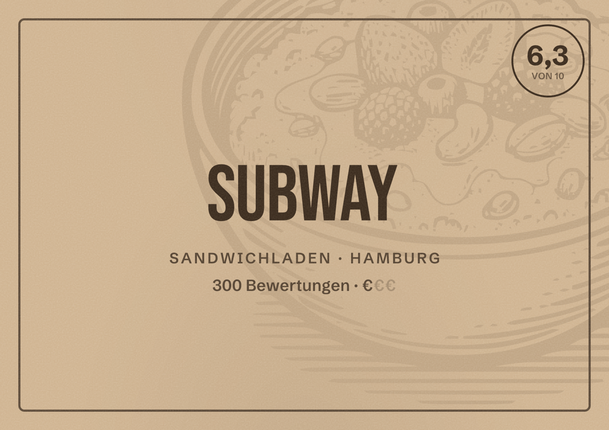 Illustriertes Poster von Subway, Sandwichladen in Hamburg: Bewertung 6,3 von 10 aus 300 Bewertungen, Preisniveau €