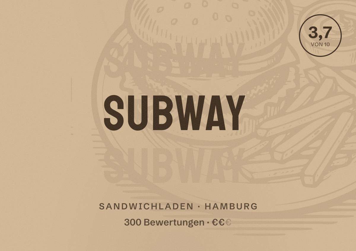 Illustriertes Poster von Subway, Sandwichladen in Hamburg: Bewertung 3,7 von 10 aus 300 Bewertungen, Preisniveau €€