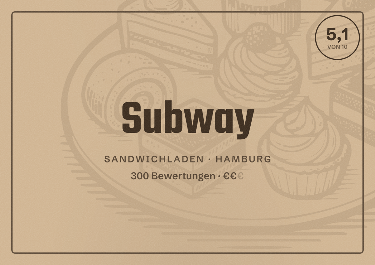 Illustriertes Poster von Subway, Sandwichladen in Hamburg: Bewertung 5,1 von 10 aus 300 Bewertungen, Preisniveau €€