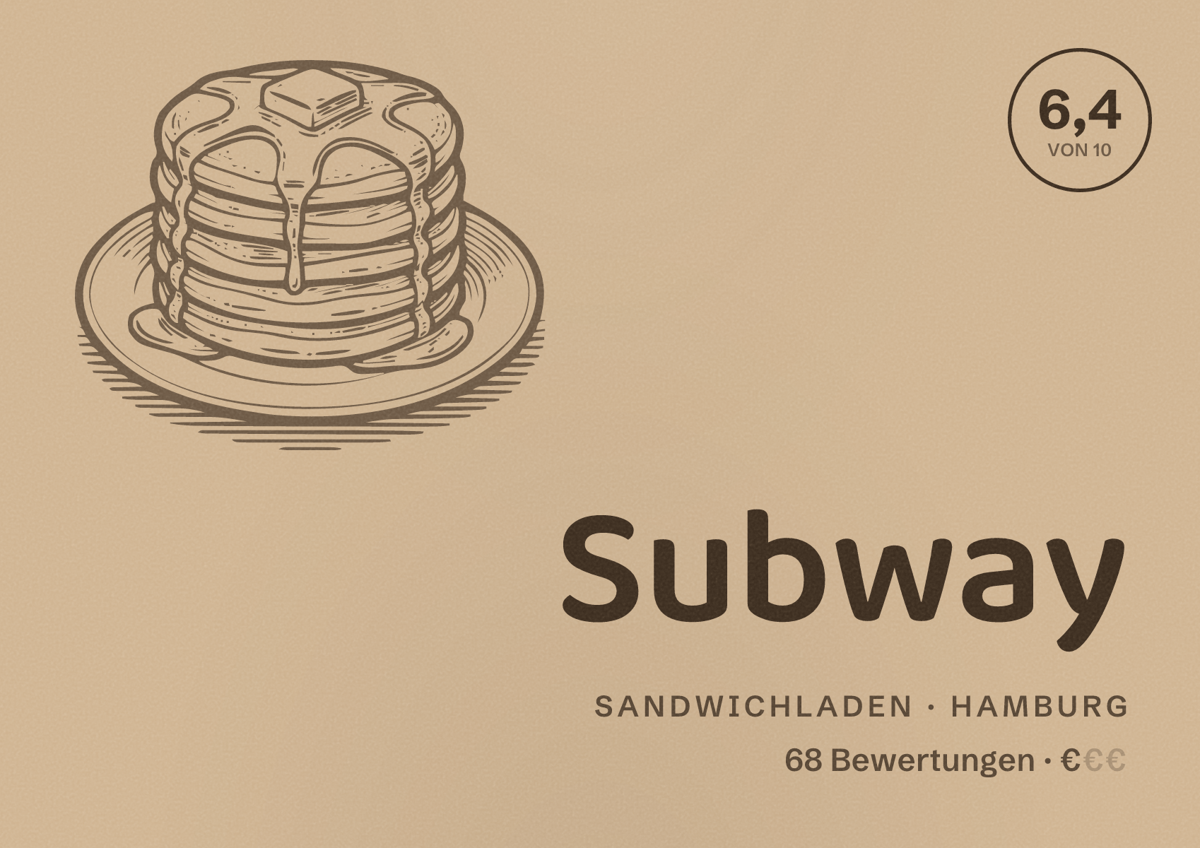 Illustriertes Poster von Subway, Sandwichladen in Hamburg: Bewertung 6,4 von 10 aus 68 Bewertungen, Preisniveau €