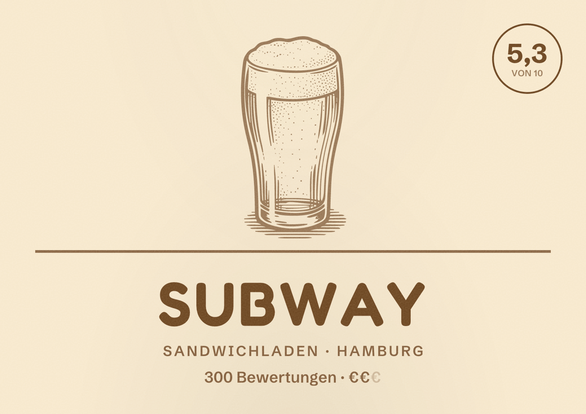 Illustriertes Poster von Subway, Sandwichladen in Hamburg: Bewertung 5,3 von 10 aus 300 Bewertungen, Preisniveau €€