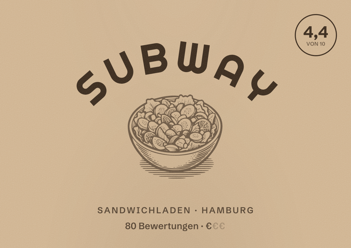 Illustriertes Poster von Subway, Sandwichladen in Hamburg: Bewertung 4,4 von 10 aus 80 Bewertungen, Preisniveau €