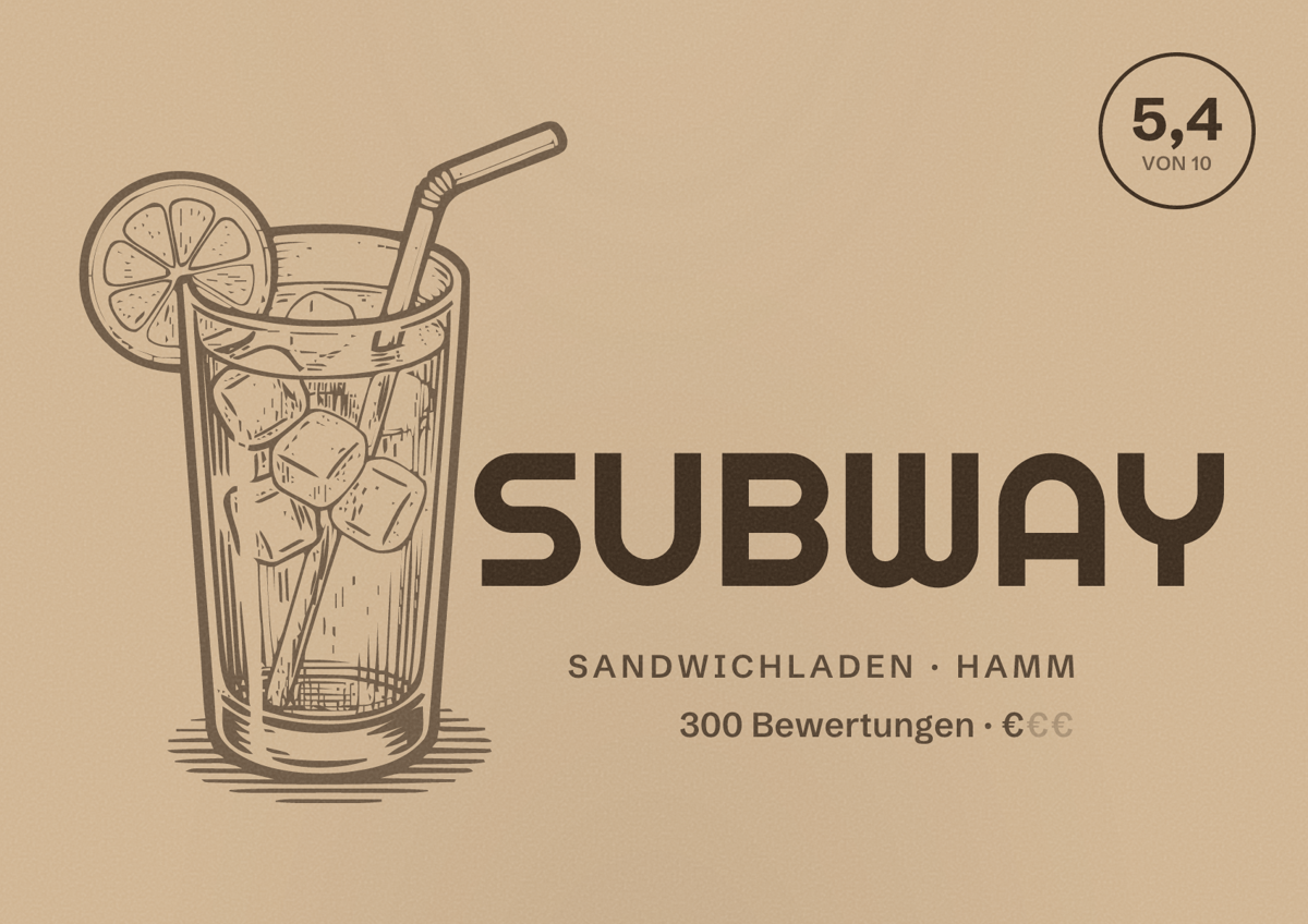 Illustriertes Poster von SUBWAY, Sandwichladen in Hamm: Bewertung 5,4 von 10 aus 300 Bewertungen, Preisniveau €