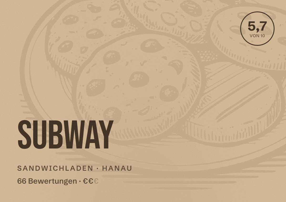 Illustriertes Poster von Subway, Sandwichladen in Hanau: Bewertung 5,7 von 10 aus 66 Bewertungen, Preisniveau €€