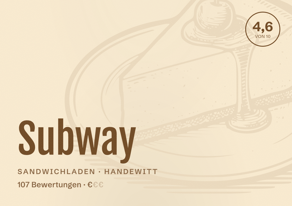 Illustriertes Poster von Subway, Sandwichladen in Handewitt: Bewertung 4,6 von 10 aus 107 Bewertungen, Preisniveau €