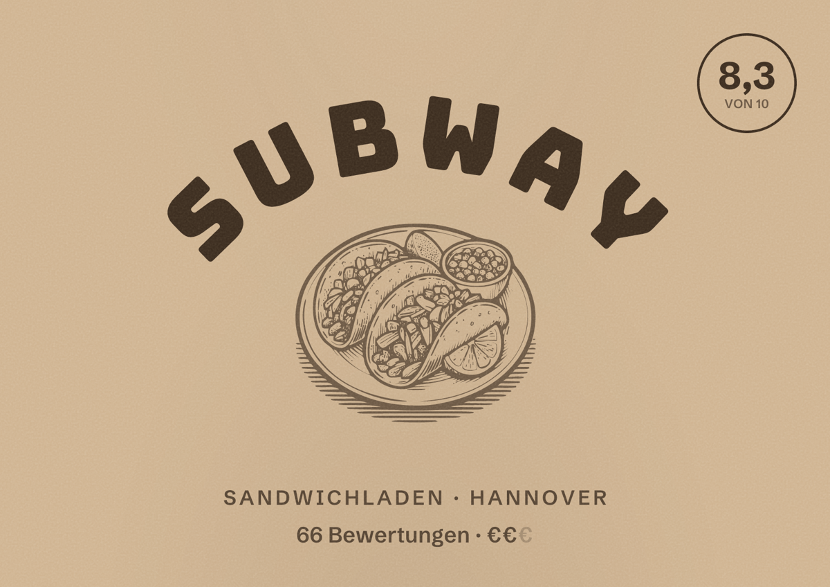 Illustriertes Poster von Subway, Sandwichladen in Hannover: Bewertung 8,3 von 10 aus 66 Bewertungen, Preisniveau €€