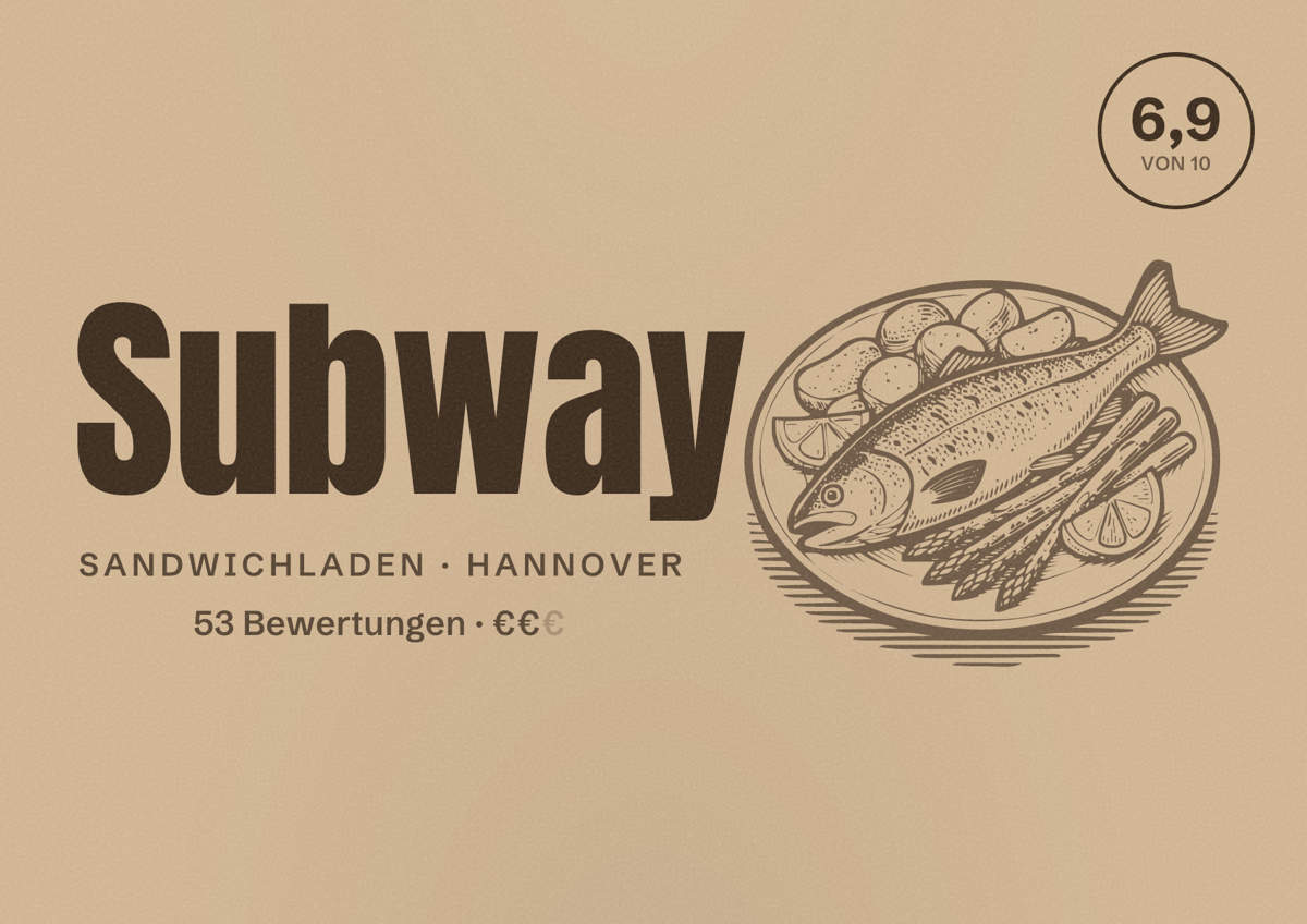 Illustriertes Poster von Subway, Sandwichladen in Hannover: Bewertung 6,9 von 10 aus 53 Bewertungen, Preisniveau €€