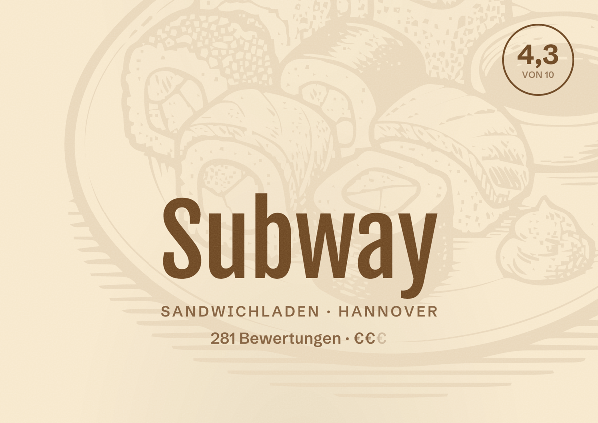Illustriertes Poster von Subway, Sandwichladen in Hannover: Gästebewertung 4,3 von 10 aus 281 Bewertungen