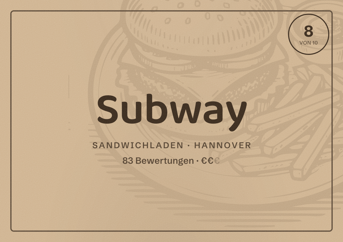 Illustriertes Poster von Subway, Sandwichladen in Hannover: Gästebewertung 8 von 10 aus 83 Bewertungen