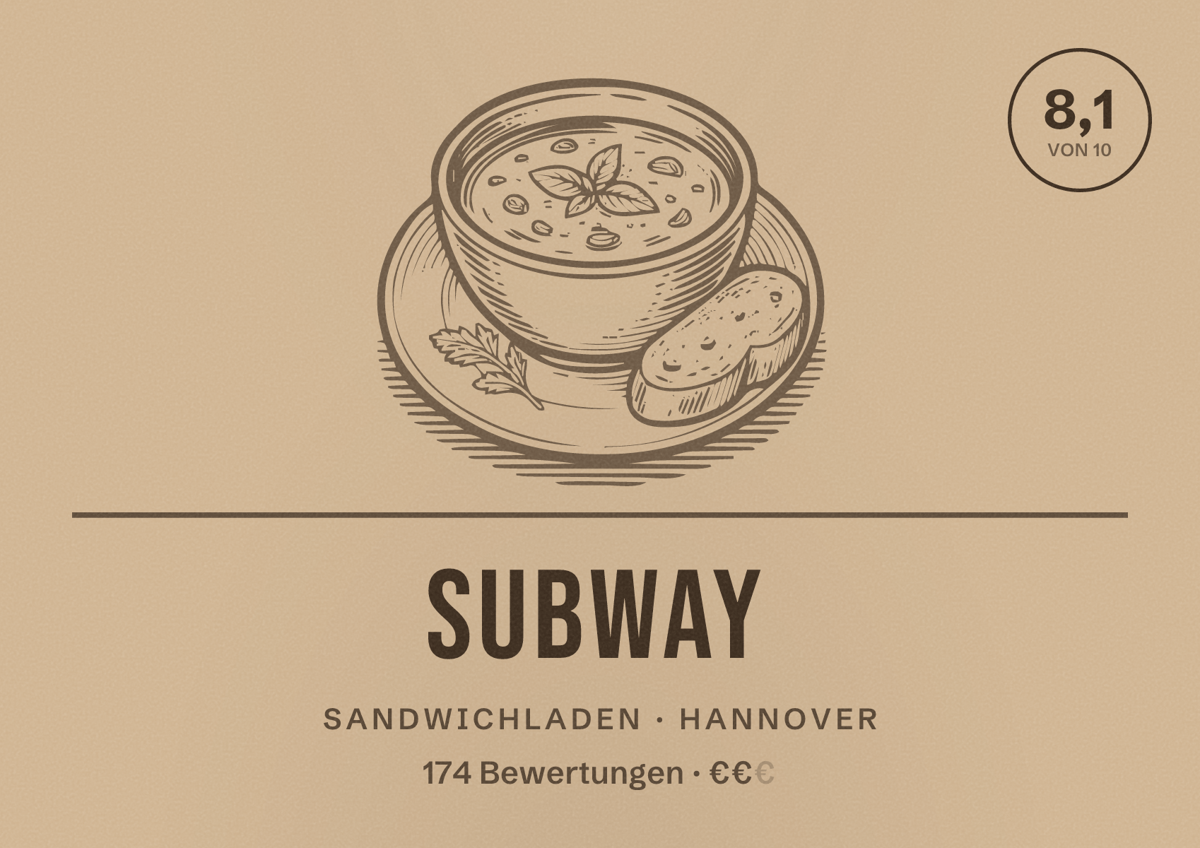 Illustriertes Poster von Subway, Sandwichladen in Hannover: Bewertung 8,1 von 10 aus 174 Bewertungen, Preisniveau €€