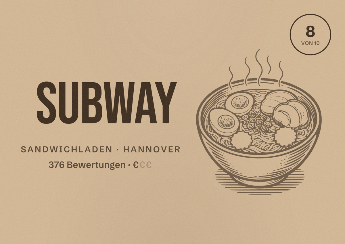 Illustriertes Poster von Subway, Sandwichladen in Hannover: Bewertung 8,0 von 10 aus 376 Bewertungen, Preisniveau €