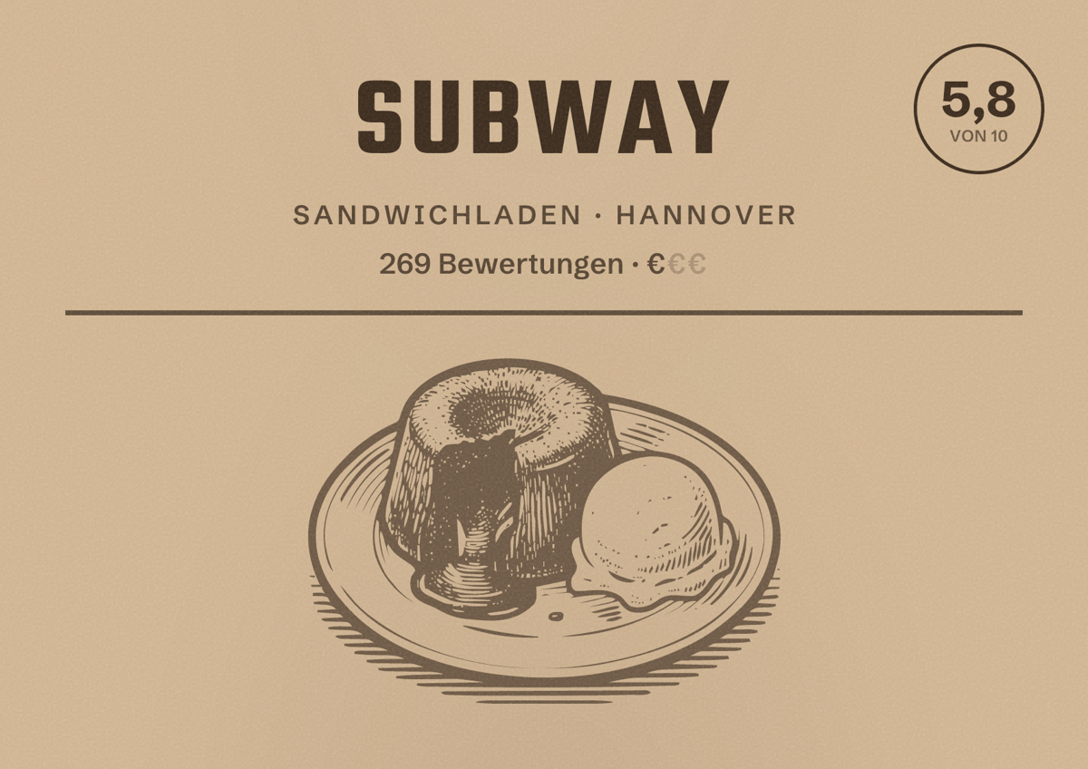Illustriertes Poster von Subway, Sandwichladen in Hannover: Bewertung 5,8 von 10 aus 269 Bewertungen, Preisniveau €